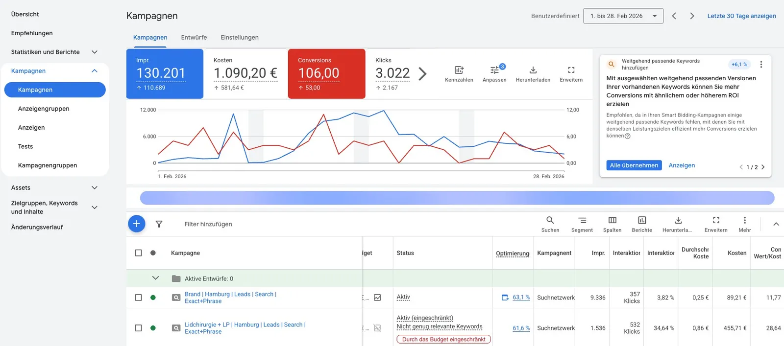 Google Ads, Gesamtes Konto, Februar 2026.