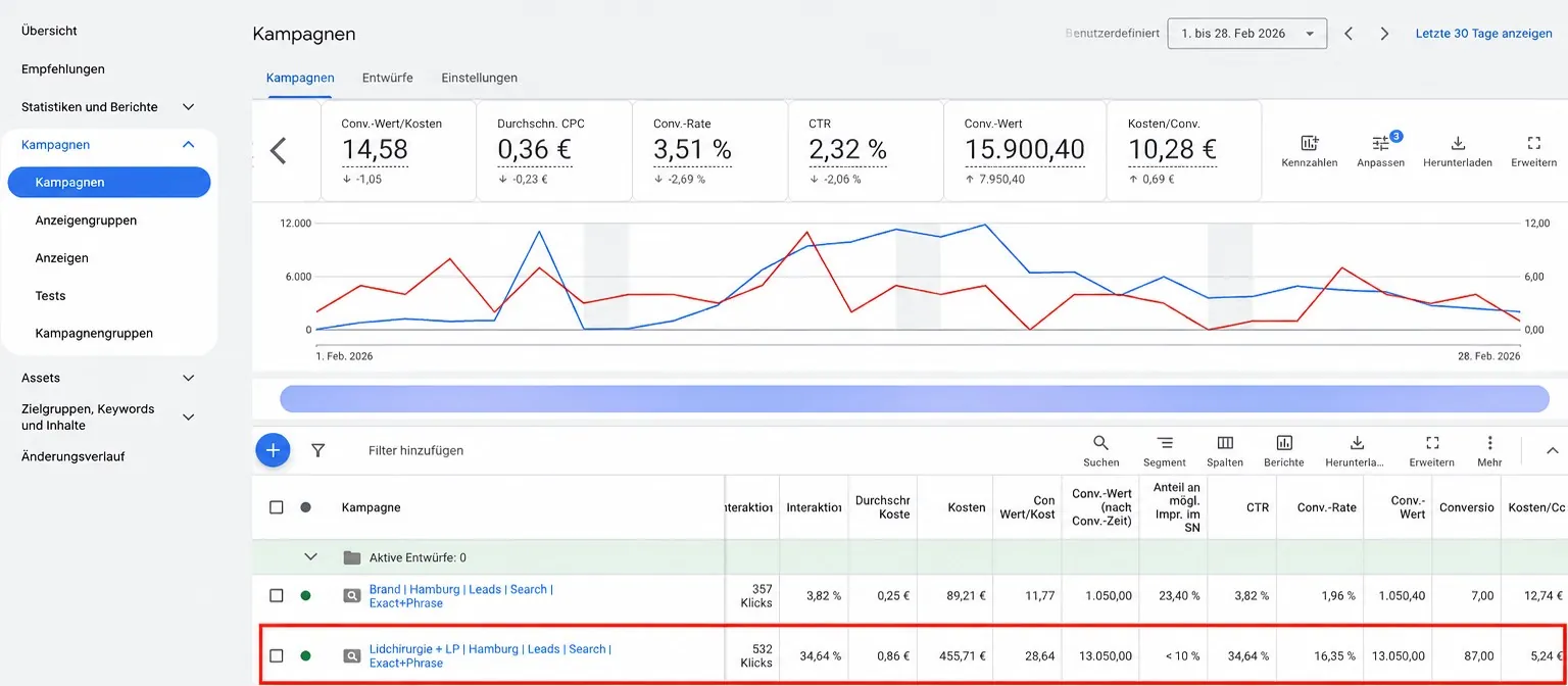 Google Ads, Lidchirurgie-Kampagne, Februar 2026.